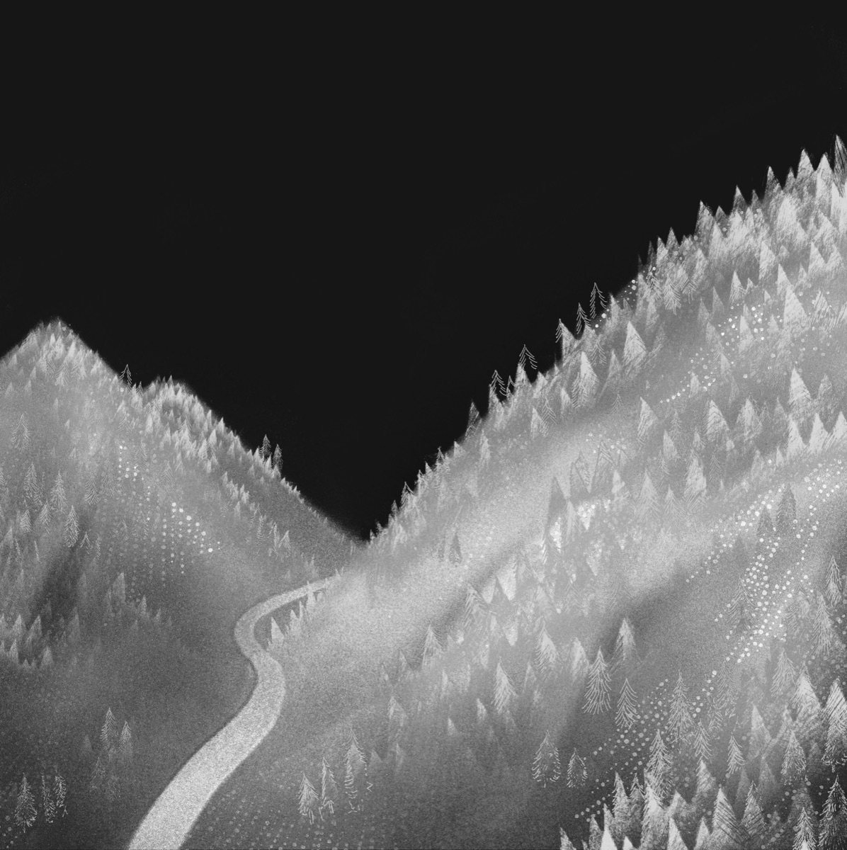 Black-and-white Lidar-style rendering of a forested ridge with a winding path