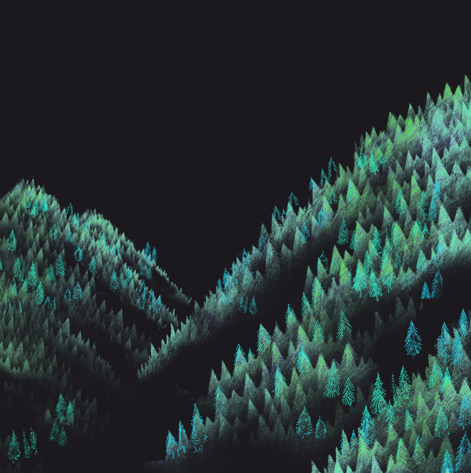 Lidar-style visualisation of a forested mountain ridge